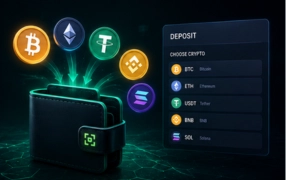 Floating cryptocurrency icons dropping into a digital wallet next to a deposit selection menu.