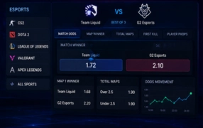 An esports betting platform dashboard showing match odds and a live odds movement trend graph.