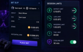 A digital crypto bet slip interface next to a dashboard for adjusting account session limits.
