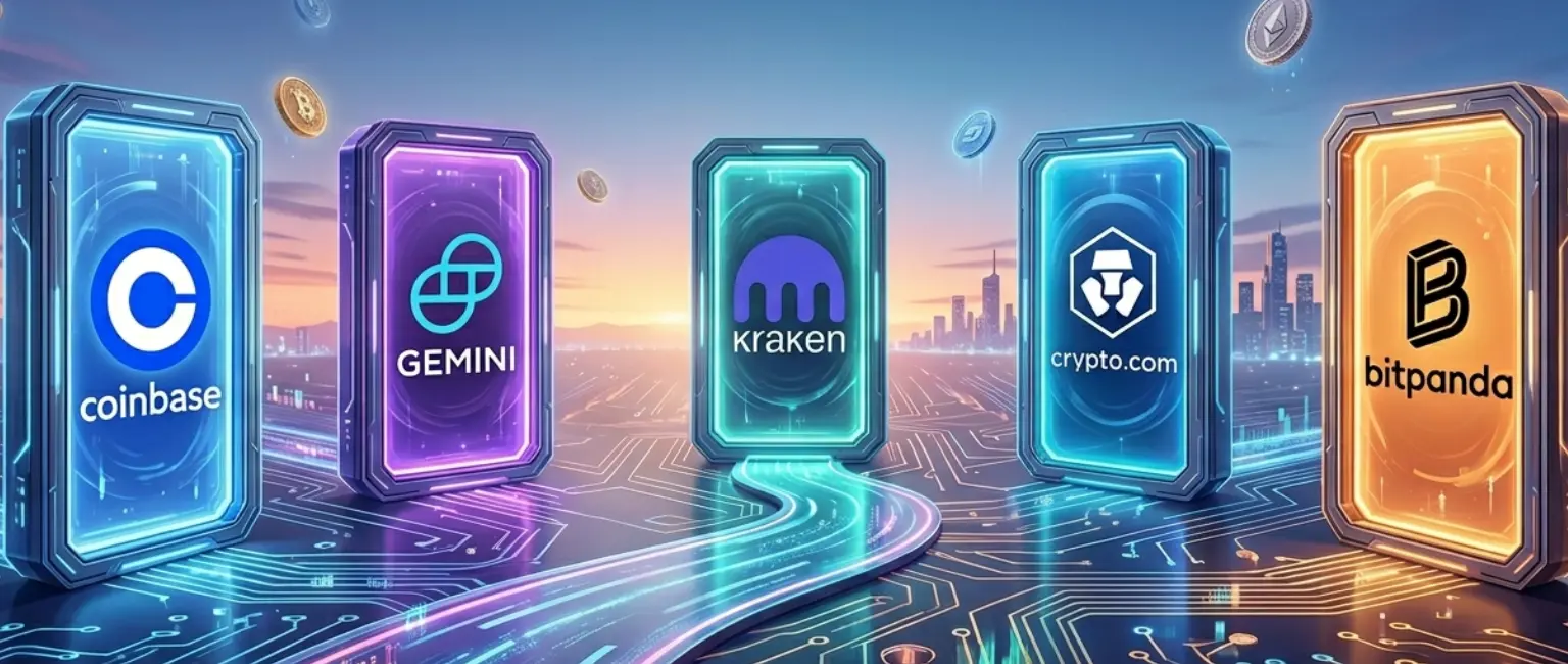 Smartphones and laptops showing crypto trading apps with floating digital tokens and charts.