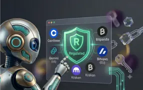 A small robot interacting with a screen showing logos of regulated crypto exchanges.