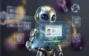 A small robot interacting with a screen displaying a KYC identity verification process.