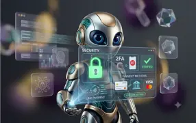 A small robot interacting with a screen showing 2FA security and payment options.