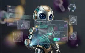 A small robot interacting with a screen displaying a crypto portfolio and buy/sell order options.
