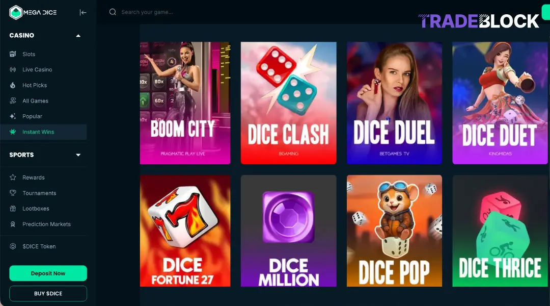 Screenshot of dice games at Mega Dice Casino.
