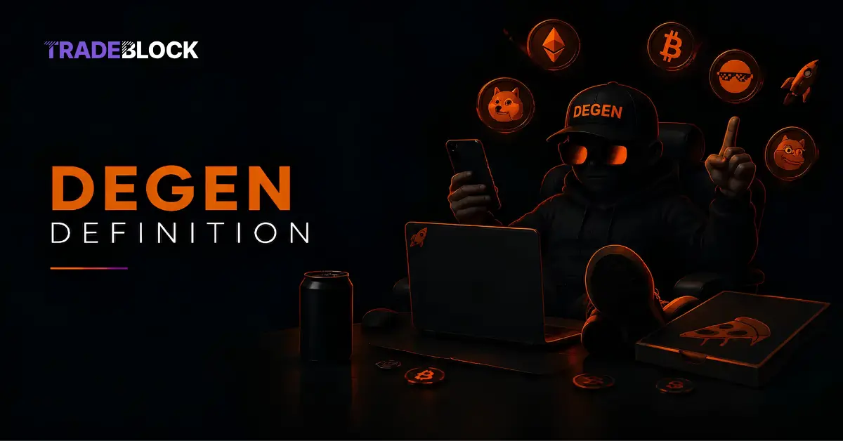 Person in hoodie and cap labeled DEGEN using laptop and phone surrounded by crypto icons.