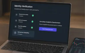 Identity verification and derivatives suitability questionnaire beside a crypto trading app.