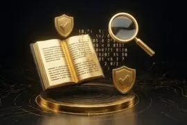 Golden registry book with an overlaying magnifying glass and a security shield icon.