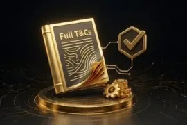 A golden book labeled "Full T&Cs" next to a verification checkmark badge.