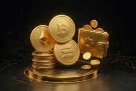 Stacks of Bitcoin, Ethereum, and Solana coins next to a golden digital wallet.