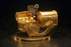A golden return arrow looping between two chests filled with gold coins and playing cards.