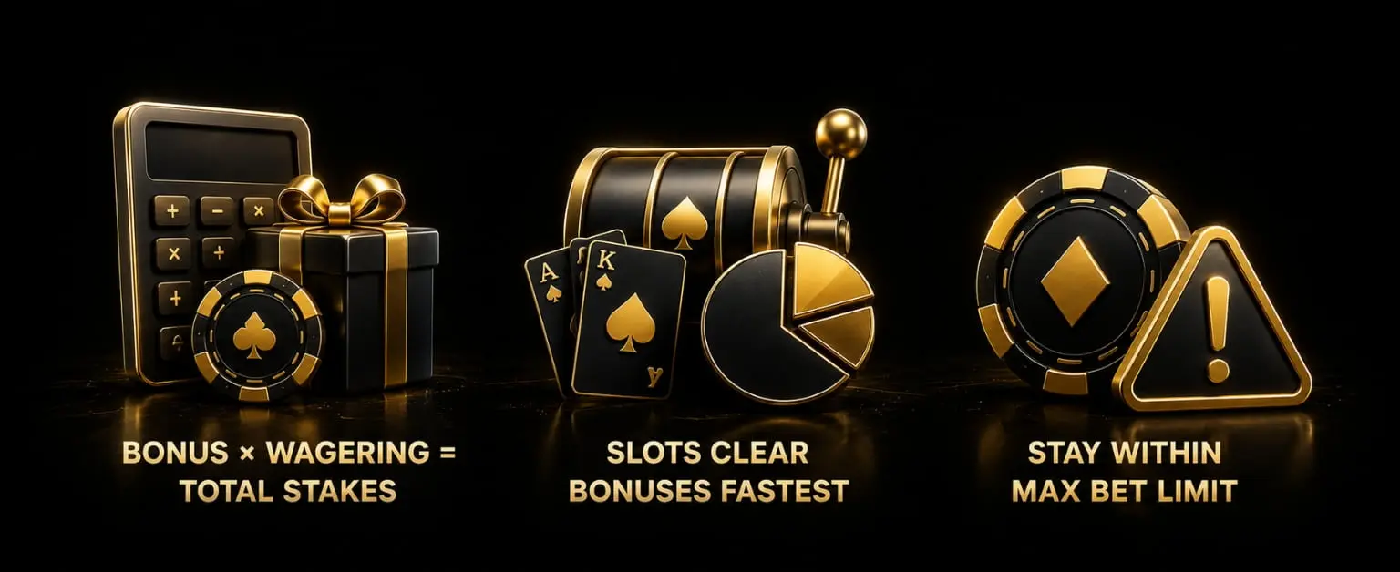 Casino bonus wagering concepts with gold icons for formula, slots, and max bet limits
