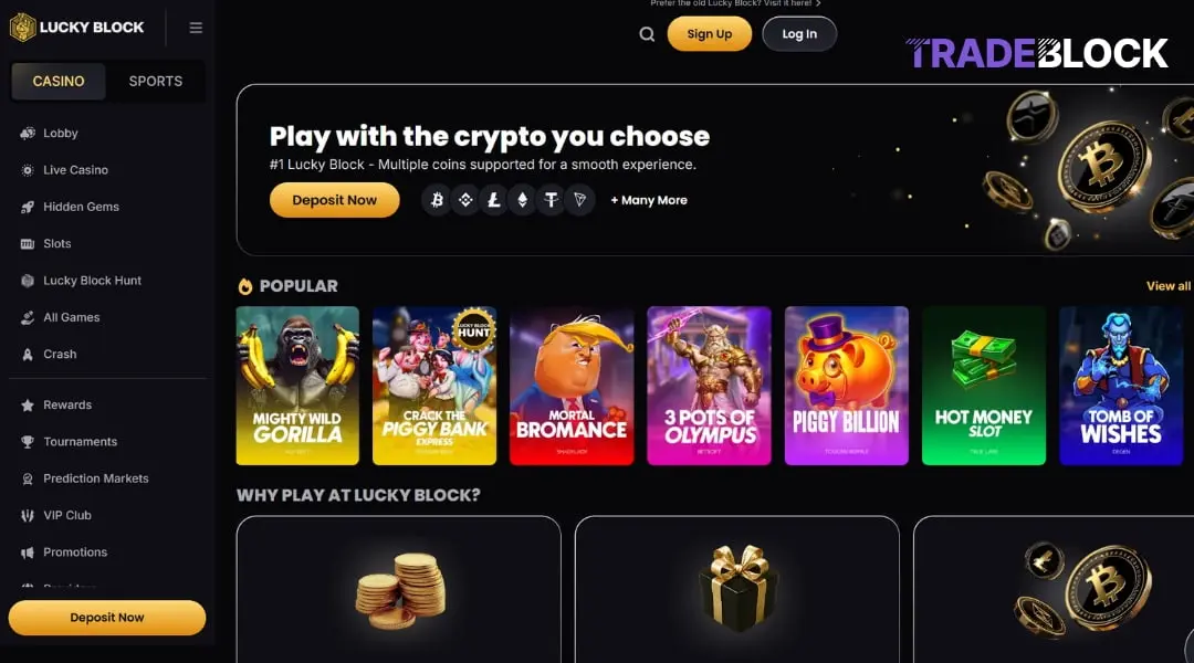 Lucky Block casino homepage showing popular slots and information about the crypto gambling