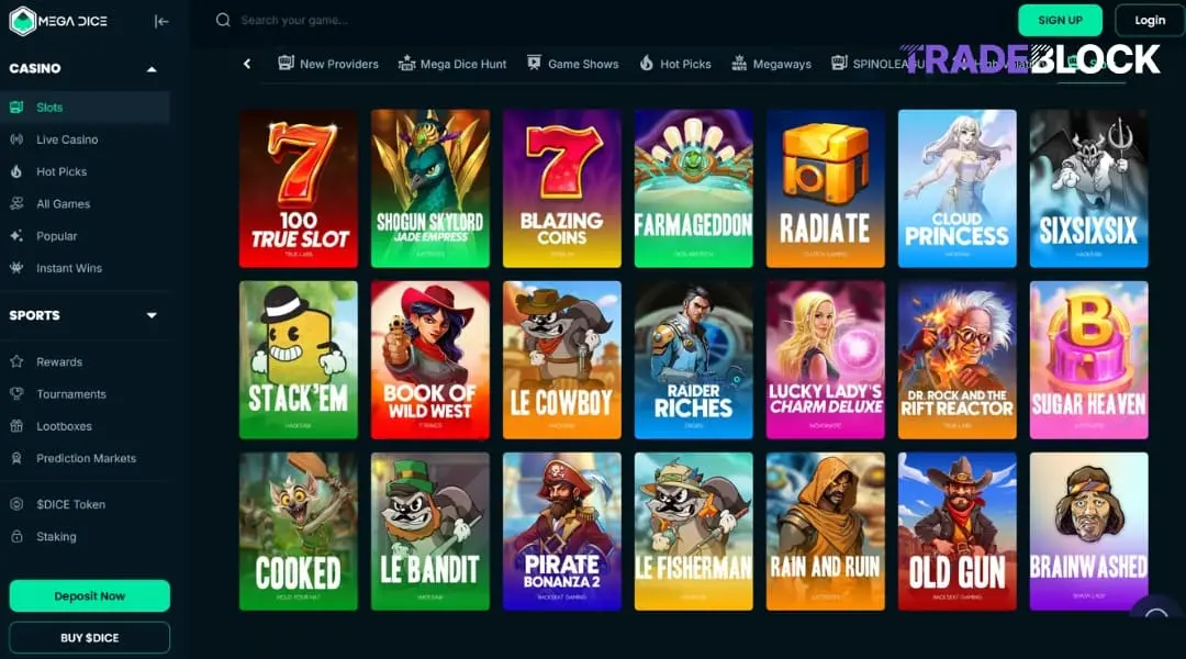 Mega Dice casino banner showing the casino games page with the most popular slot machines