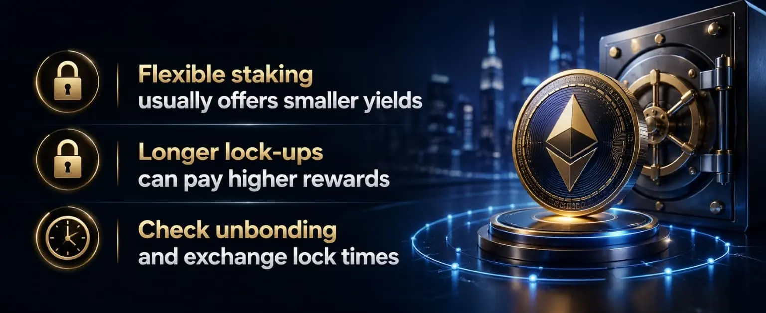 Crypto staking lock-up facts with Ethereum coin, secure vault and city skyline